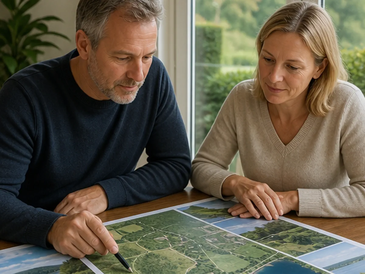 Eigentümer mit Flurkarte und Unterlagen zu einem Seegrundstück